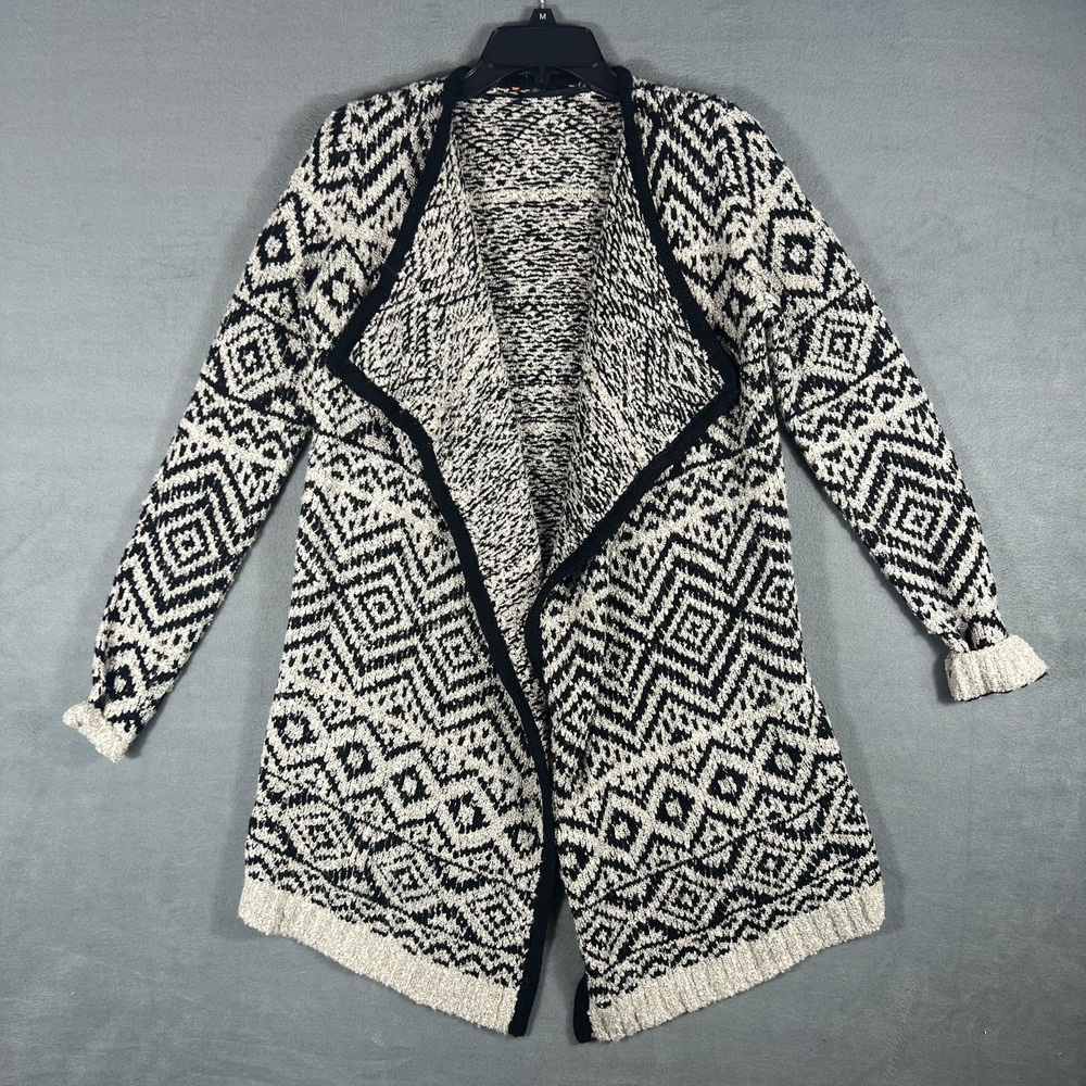 Chic Women's Black White Geometric Open Front Long Cardigan Sweater Knit M/L